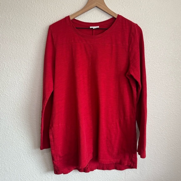 J. Jill Womens Large Textured Red Long Sleeve Boho Blouse Cotton Minimal Tunic - Picture 1 of 11